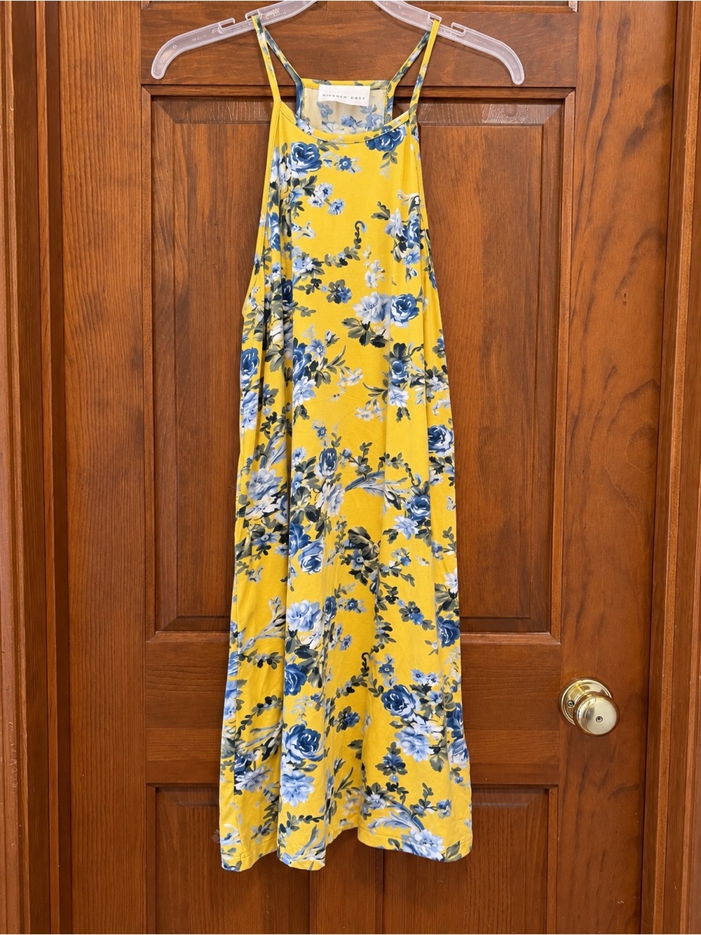French Grey Yellow Maxi Dress with Blue Floral Print